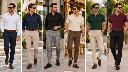 Šest različitih muškaraca u kombinacijama košulja, polo majica i elegantnih pantalona za svadbu bez odela