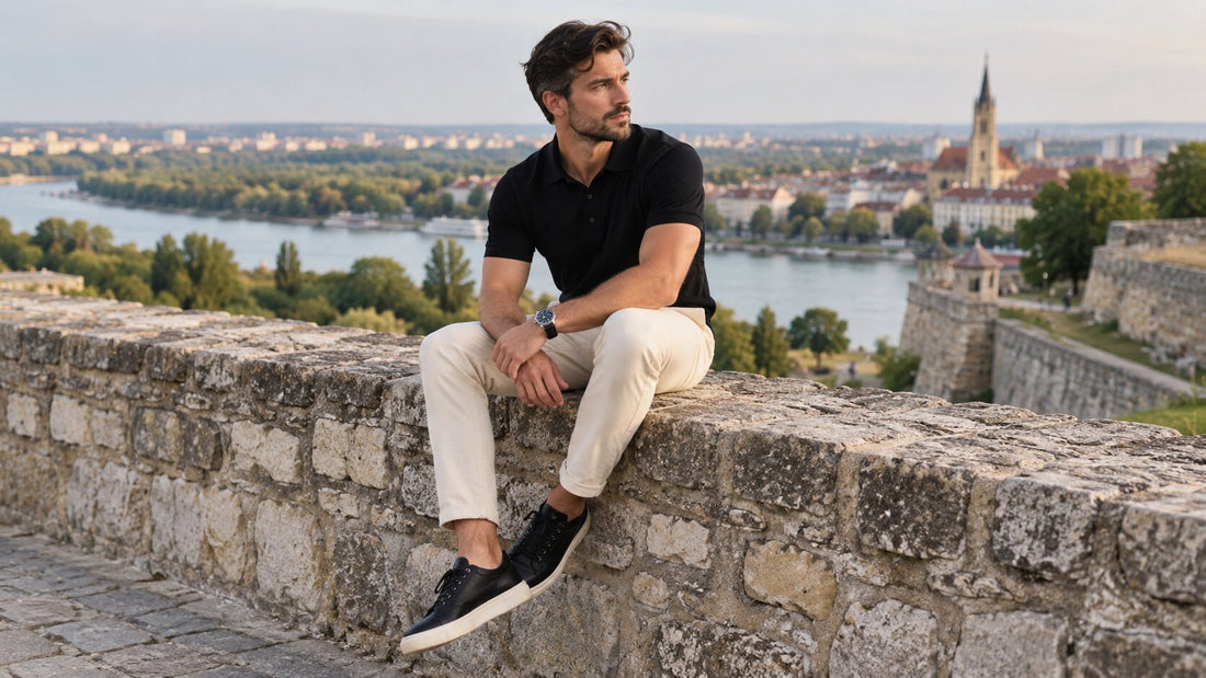 Muškarac u crnoj polo majici, bež pantalonama i crnim patikama kao primer usklađivanja boja muške odeće