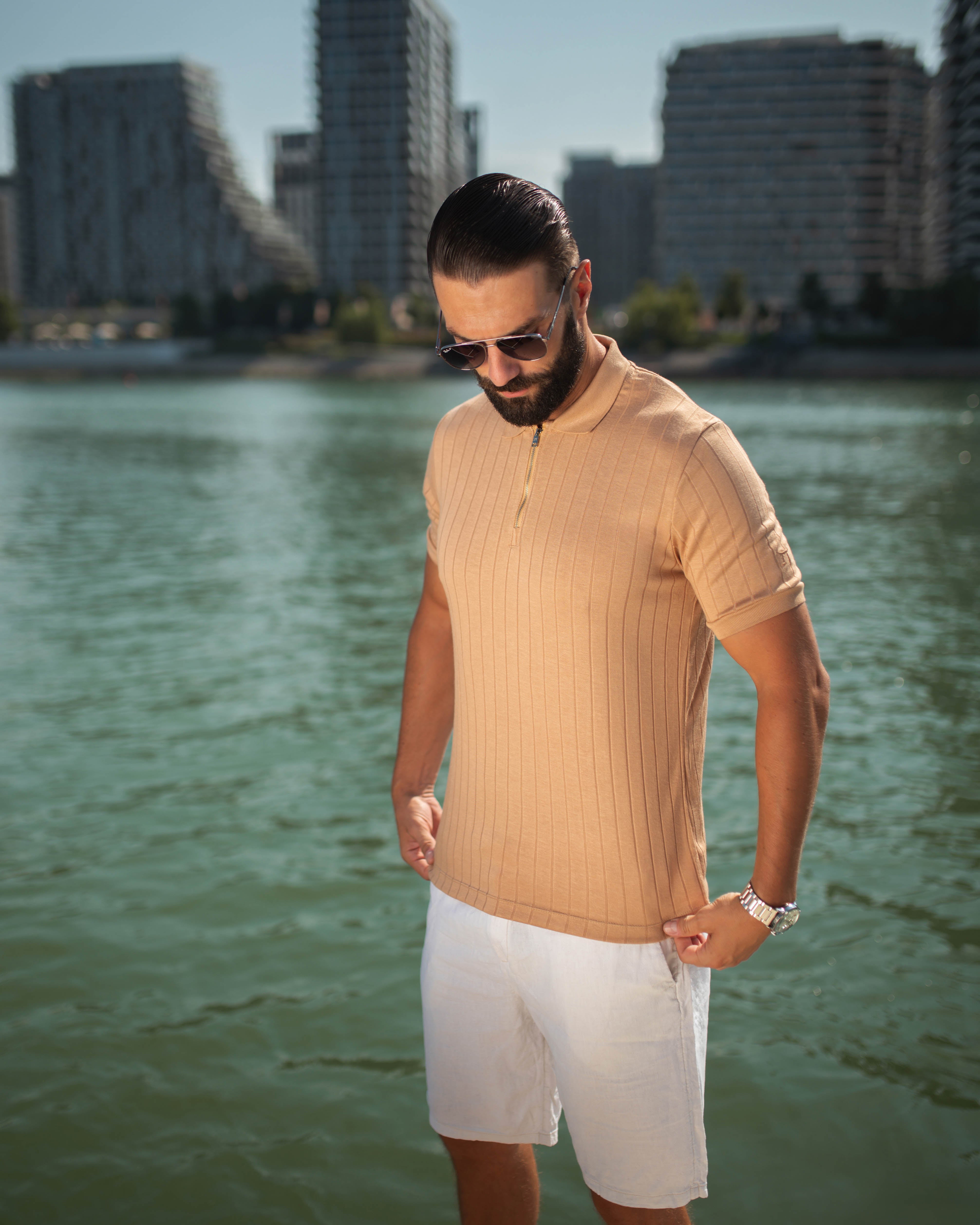 LAZARE™ AZUR LINES ZIP T-SHIRT - CRÈME ROYALE