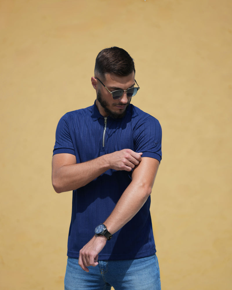 LAZARE™ AZUR LINES ZIP T-SHIRT - OCEAN NIGHT BLUE