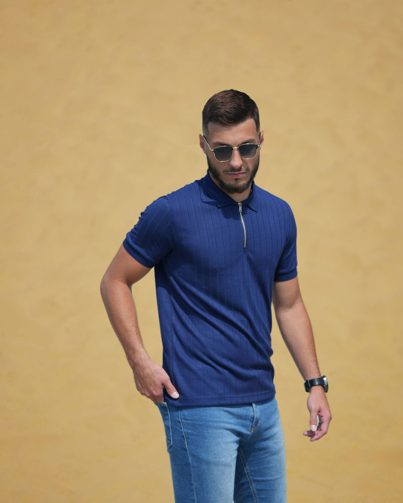 LAZARE™ AZUR LINES ZIP T-SHIRT - OCEAN NIGHT BLUE